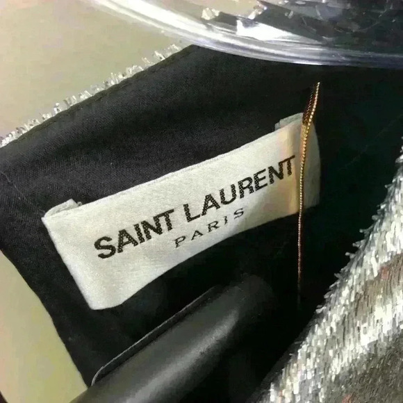 Saint Laurent Womens Silver Draped Waist Faux Wrap Metallic Silk Dress FR 40 - Picture 5 of 16